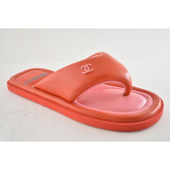 Chanel 22P Pink Red Lambskin Padded Pool Thong Logo Mule Slide Flat Sandal 37 - Picture 4 of 16